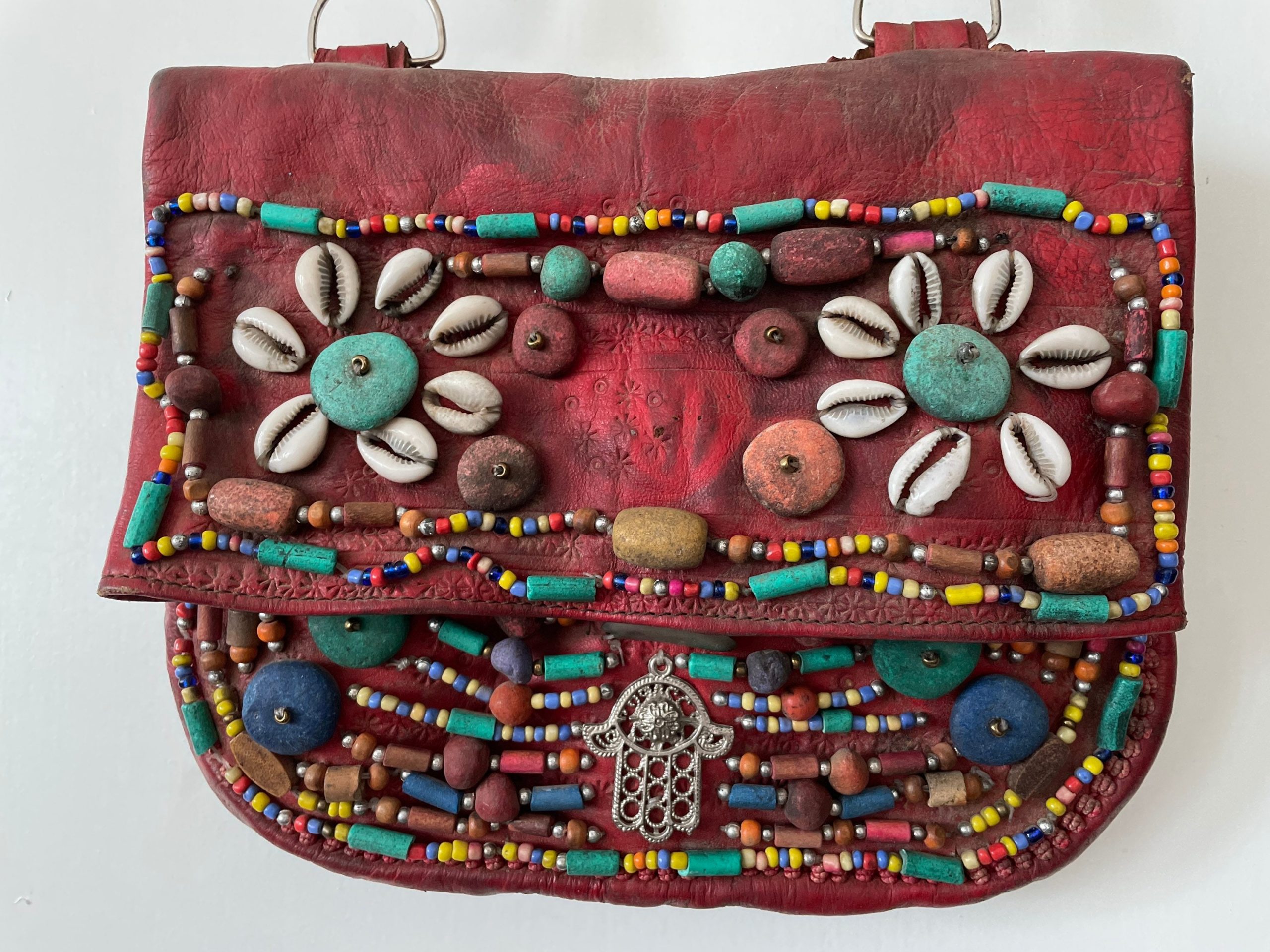 Handmade vintage Moroccan Leather bag with beads – Marrakech Bazaar